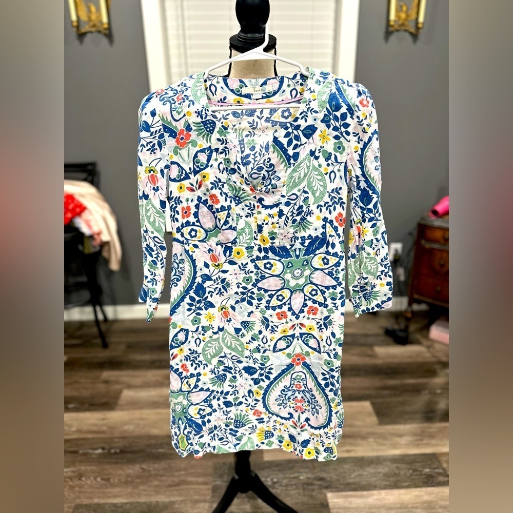 Boden 100% Linen Dress Womens 4R Blue/White/Green Floral A-Line Cottagecore